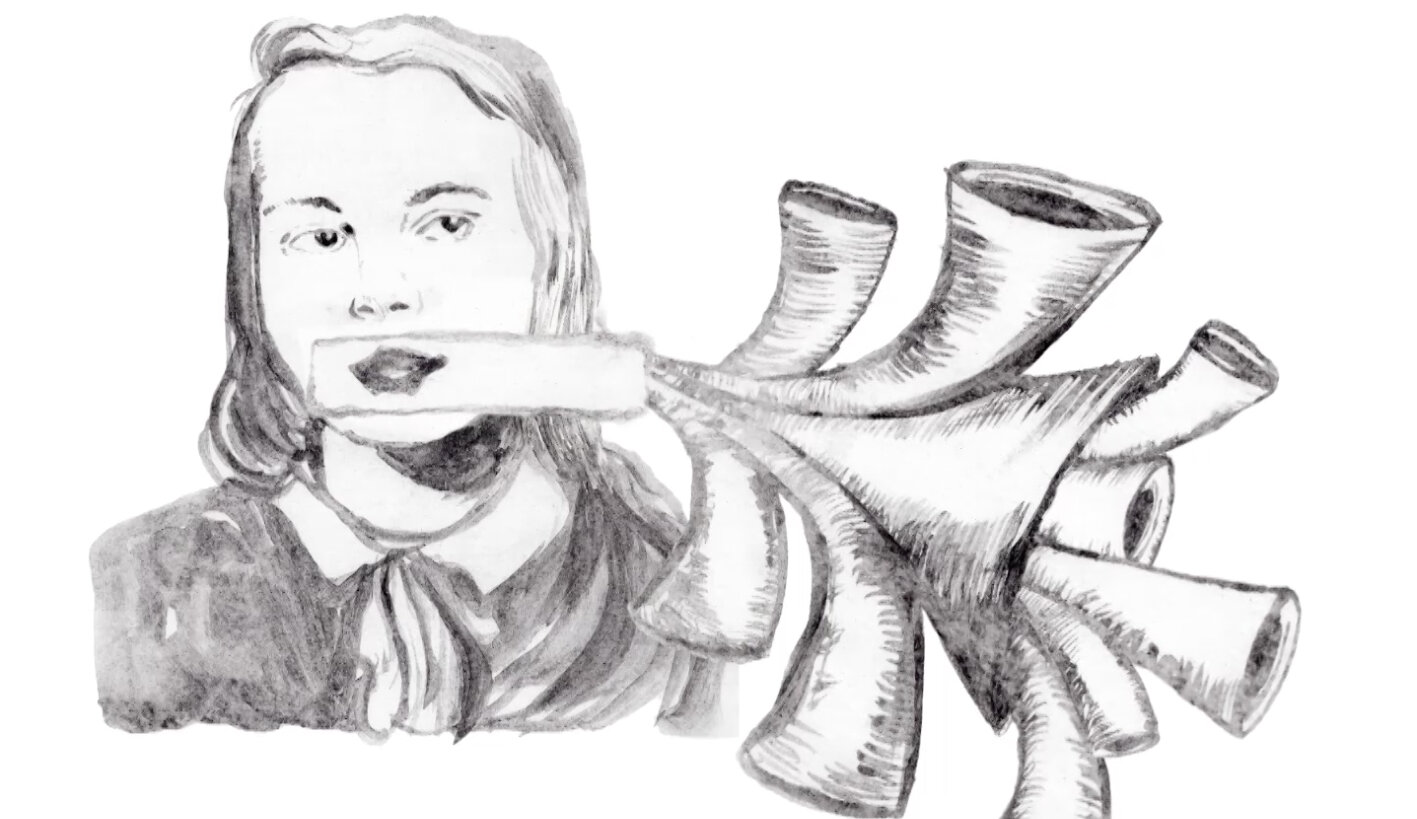 Eine Zeichnung von studio ASYNCHROME zeigt ein Mädchen mit einem verzweigten Sprachrohr