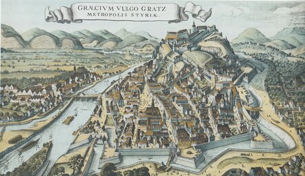 Stadtansicht Graz von Lorenz de Sype und Wenzel Hollar von ca. 1636 in: Steiermark in alten Ansichten.