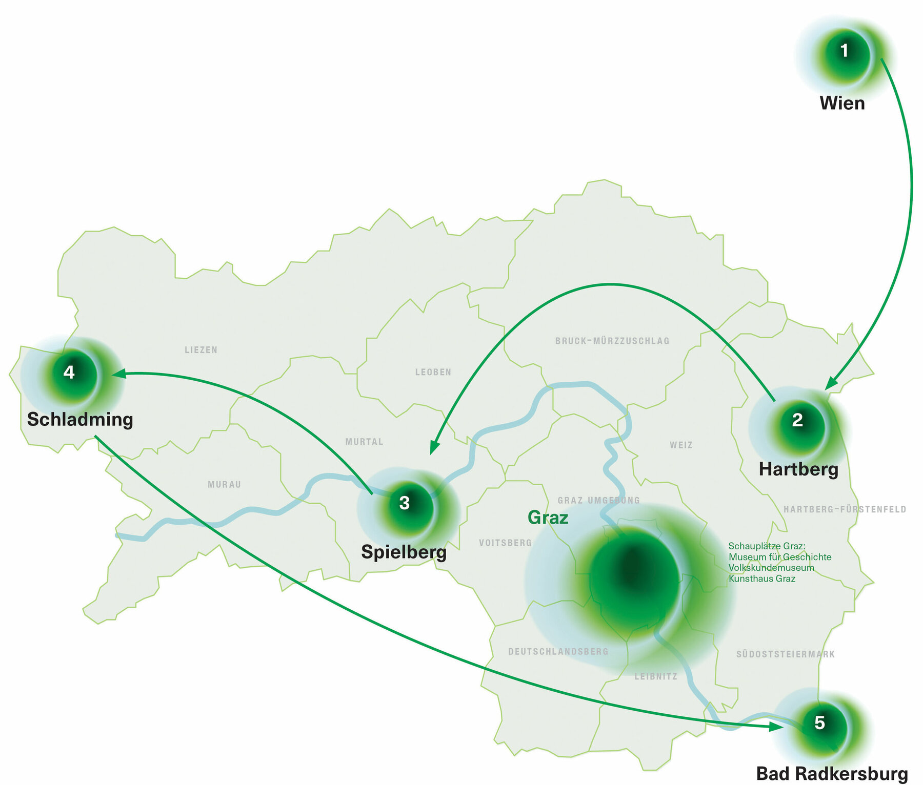 STEIERMARK SCHAU Übersichtskarte der Standorte vom mobilen Pavillon
