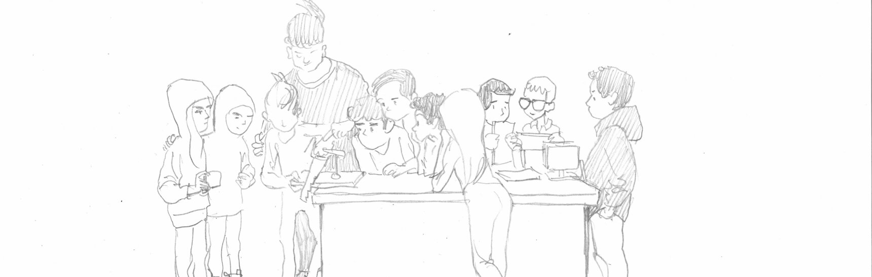 Schwarz-weiße Zeichnung, Schüler*innen umringen ihre Lehrerin beim Werkunterricht
