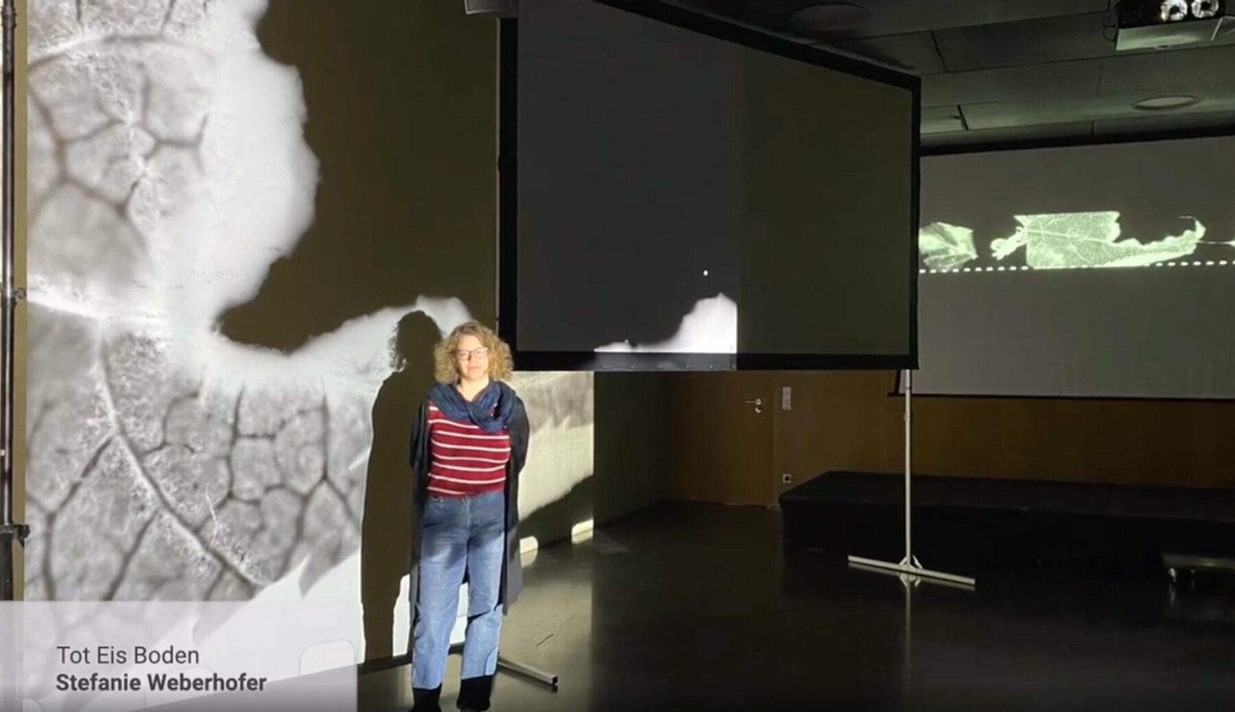 Videostill, Stefanie Weberhofer vor einer großen Leinwand mit Projektion