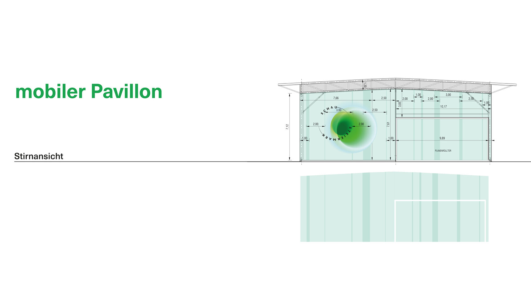 Mobiler Pavillon STEIERMARK SCHAU, Darstellung des Plans als Stirnansicht