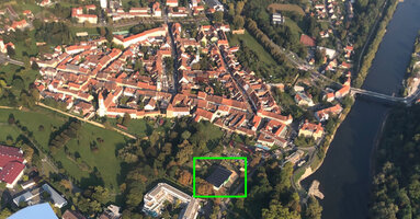 Luftaufnahme von Bad Radkersburg, der Standort des mobilen Pavillons ist eingezeichnet