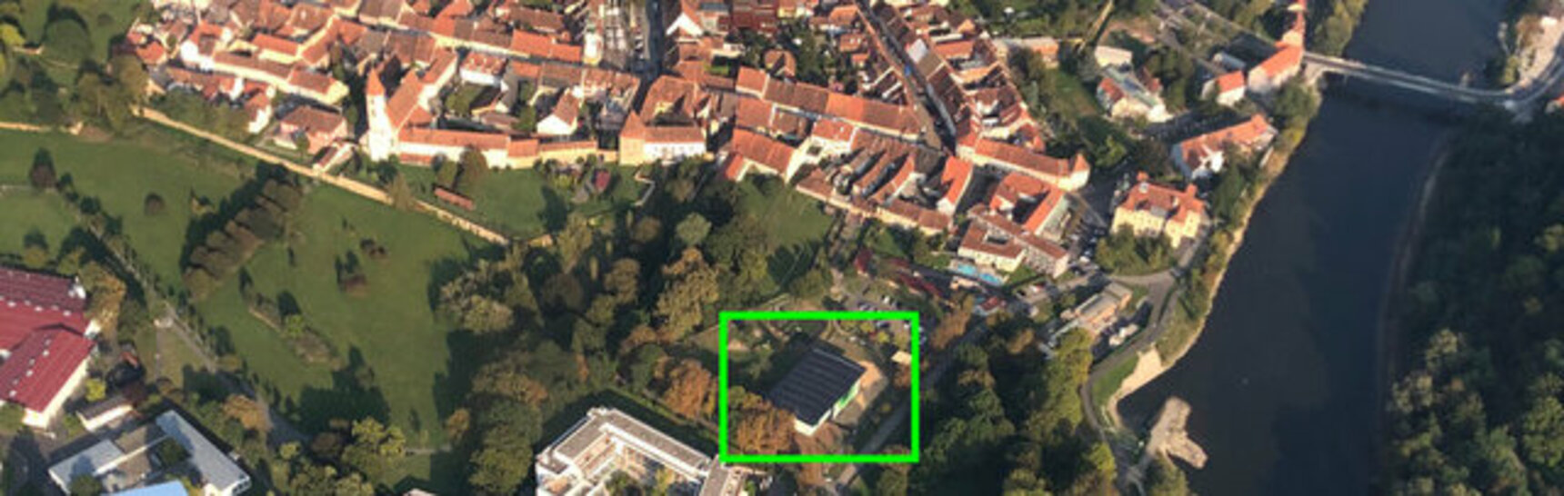 Luftaufnahme von Bad Radkersburg mit eingezeichnetem Standort des mobilen Pavillons
