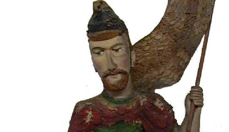 Bunt gefasste Statue des Heiligen Florian, Schutzpatron der Feuerwehr. Die Statue ist mit Kürbiskernen verziert. Volkskundemuseum, o.D.