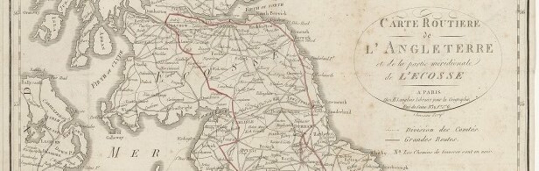 Landkarte von England, Wales und dem Süden von Schottland aus dem Reisetagebuch Erzherzog Johanns, um 1815, in Rot eingezeichnet die Reiseroute