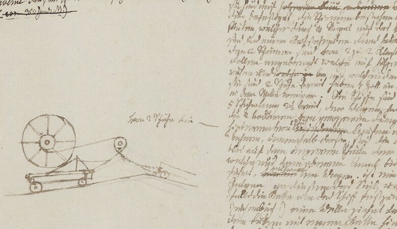 Ausschnitt aus dem Tagebuch der England-Reise Erzherzog Johanns mit eigenhändiger Skizze einer Konstruktion, mit der Schiffe gezogen werden können, 1815/16