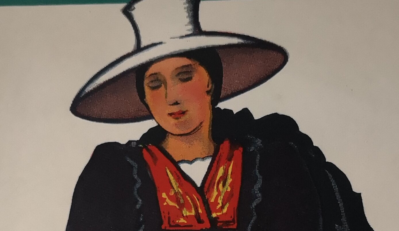 Werbebroschüre des Steirischen Heimatwerks für Fach- und Trachtenberatung und Verkauf mit Grafik einer Frau in Tracht, Mitte 1930er-Jahre bis 1940er-Jahre