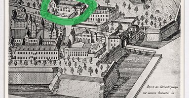 Ausschnitt eines Plans von Graz (Ansicht 1699) mit Antoniuskirche und Kapuzinerkloster, nach Andreas Trost, 1730, Steiermärkisches Landesarchiv