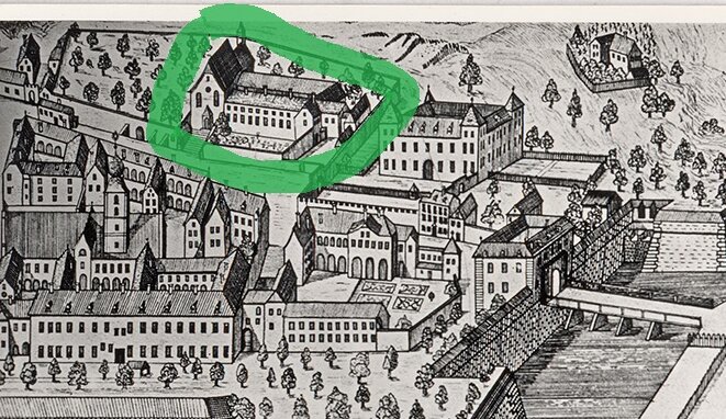 Ausschnitt eines Plans von Graz (Ansicht 1699) mit Antoniuskirche und Kapuzinerkloster, nach Andreas Trost, 1730, Steiermärkisches Landesarchiv 