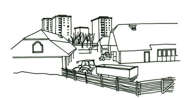 Digitale Zeichnung von Gebäuden der Landwirtschaftlichen Fachschule Grottenhof. 