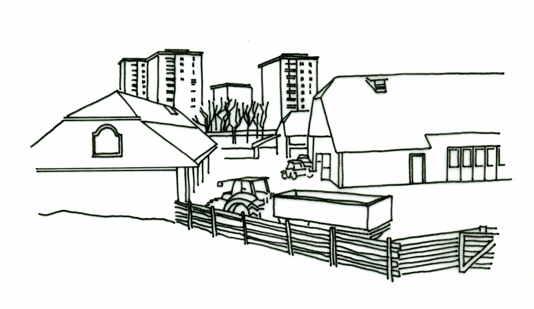 Digitale Zeichnung von Gebäuden der Landwirtschaftlichen Fachschule Grottenhof
